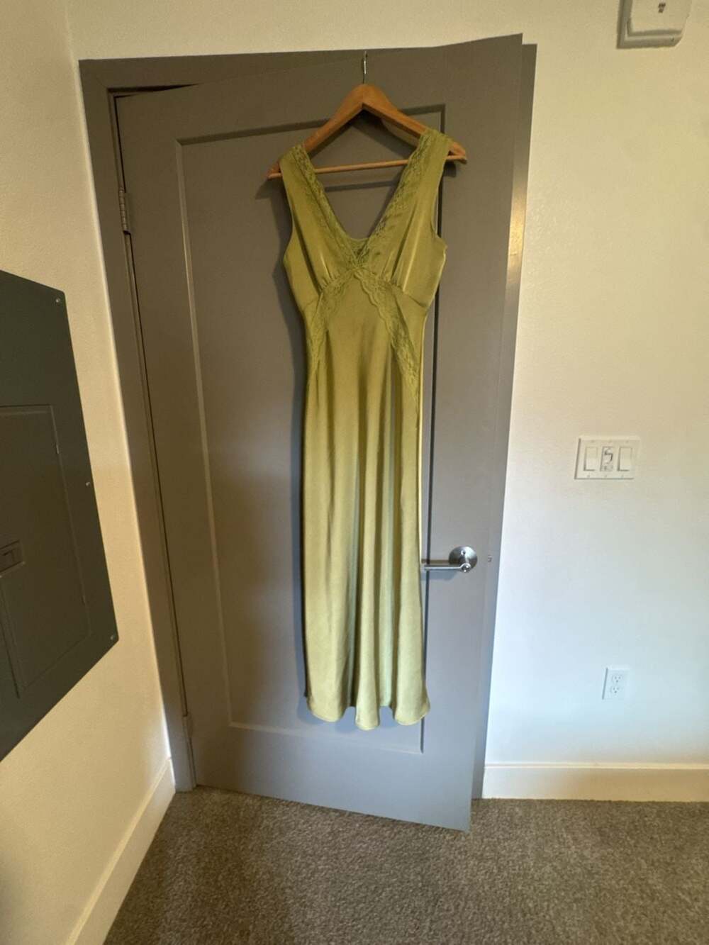 Sincerely Jules Olive Green Satin Lace Trim Maxi Dress